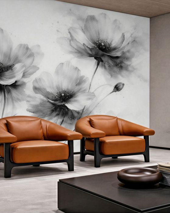 Fototapeten Schwarz-weiße Aquarellmohnblumen