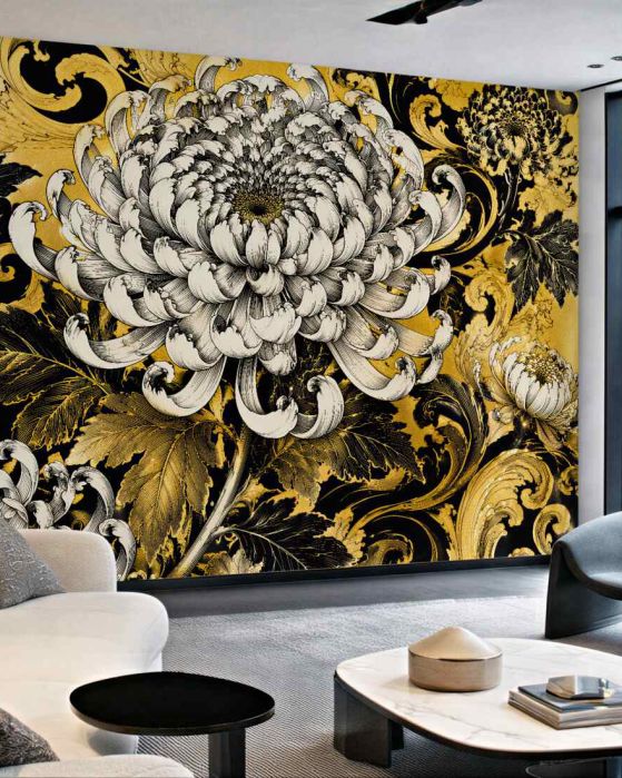 Fototapeten Goldene Chrysanthemen im Barockstil