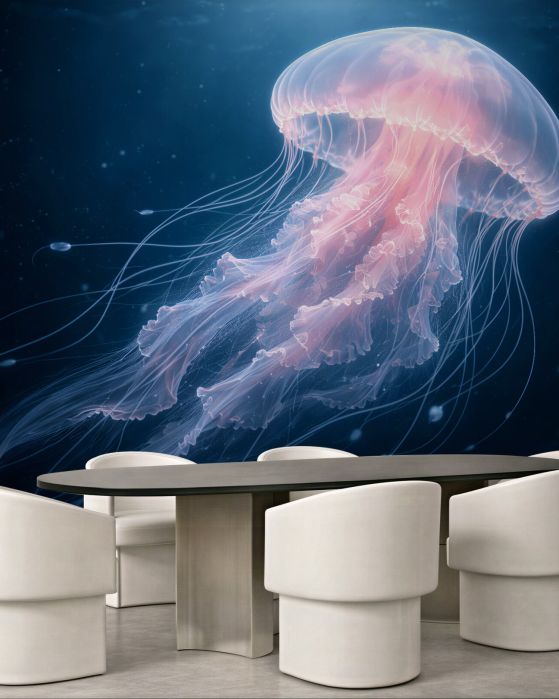 Fototapeten Leuchtende Qualle in den Tiefen