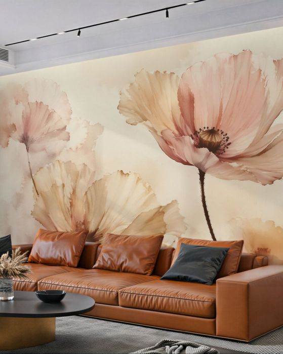 Fototapeten Aquarellmohn im beigen Nebelschleier