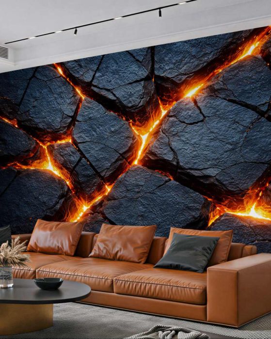 Fototapeten Glühende Lava in schwarzen Felsen