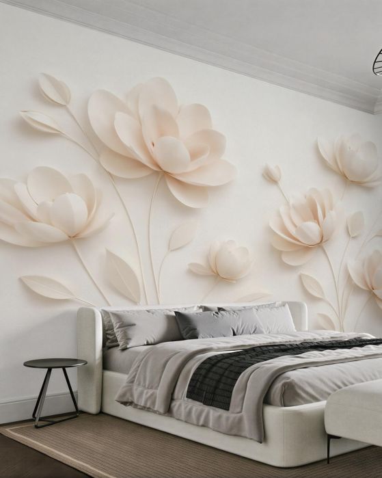 Fototapeten Cremefarbene Blumen im Papierrelïef