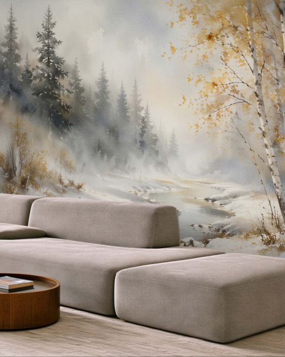 Fototapeten Winterlicher Bach zwischen Birken