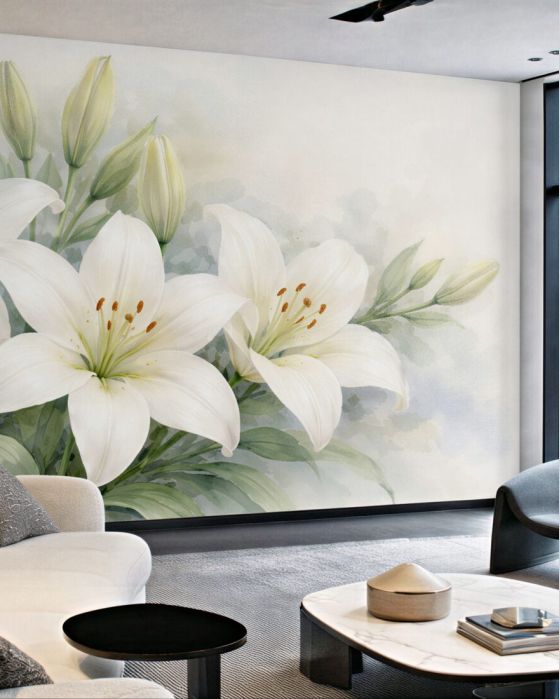Fototapeten Weiße Lilien in subtiler Aquarellmalerei
