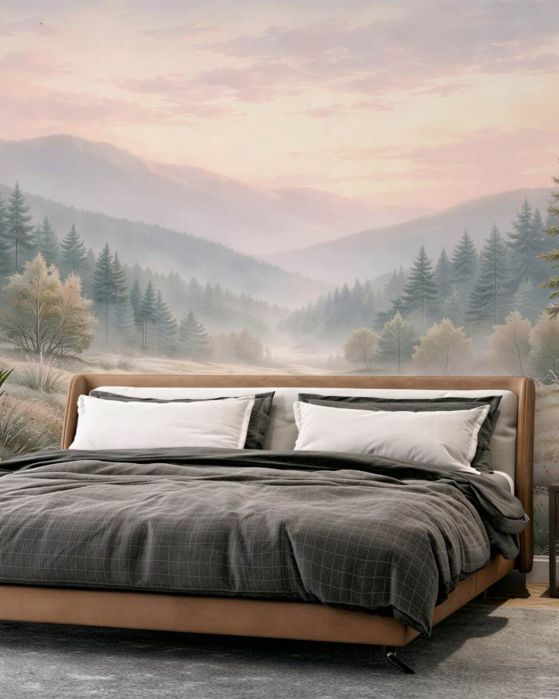 Fototapeten Nebeliger Morgengrauen über einem Waldstrom