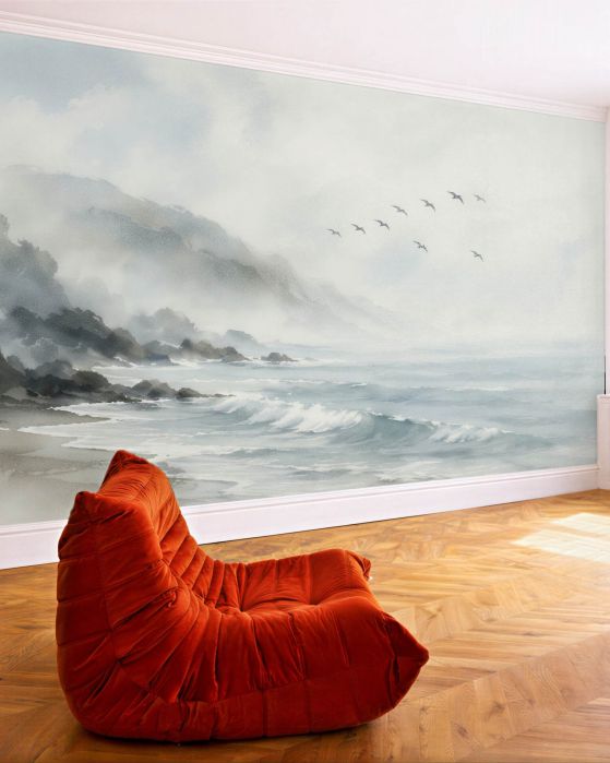 Fototapeten Aquarellküste mit fliegenden Vögeln