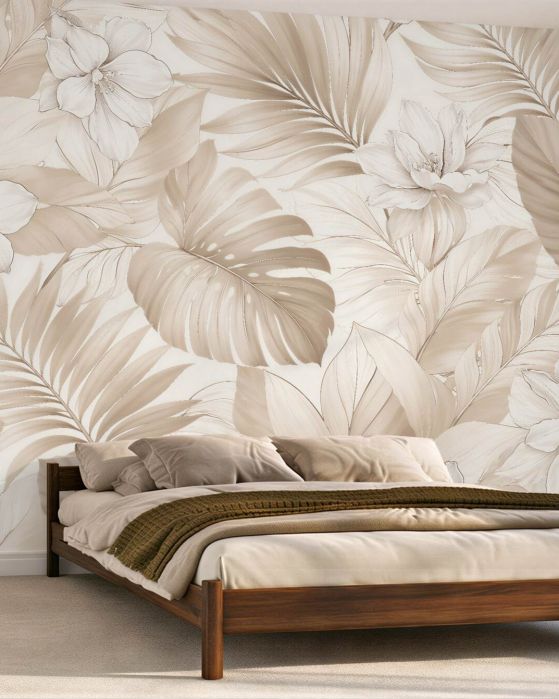 Fototapeten Beige Blätter und Blumen Premium