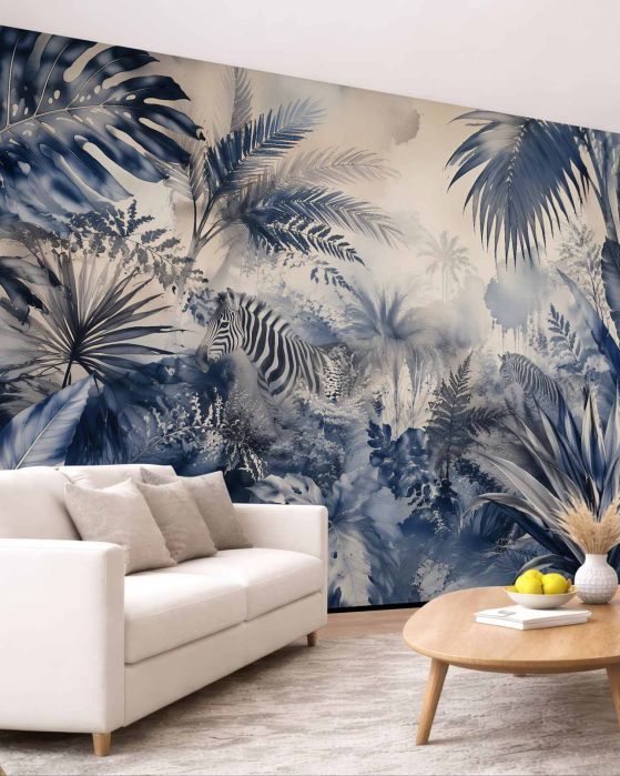 Fototapeten Blauer Dschungel mit Zebra
