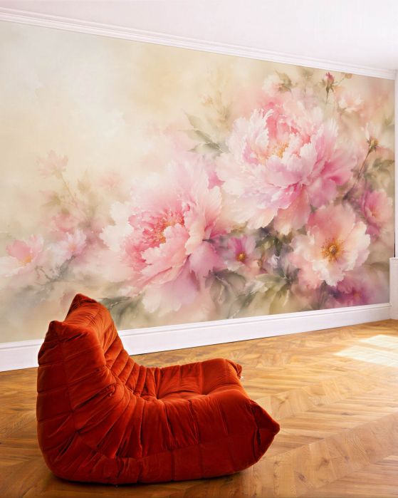 Fototapeten Rosa Pfingstrosen im Aquarellnebel