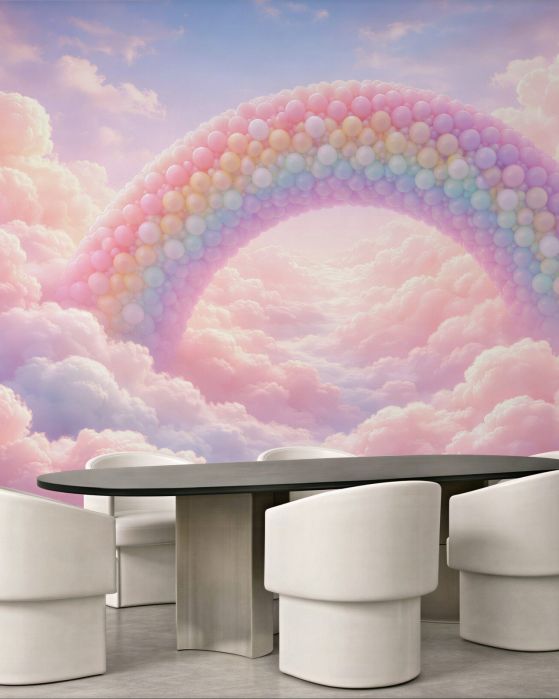 Fototapeten Pastellfarbener Regenbogen in den Wolken