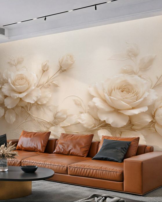 Fototapeten Cremefarbene Rosen im eleganten Relief