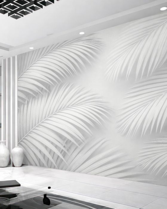 Fototapeten Weiße Palmblätter im minimalistischen Rhythmus