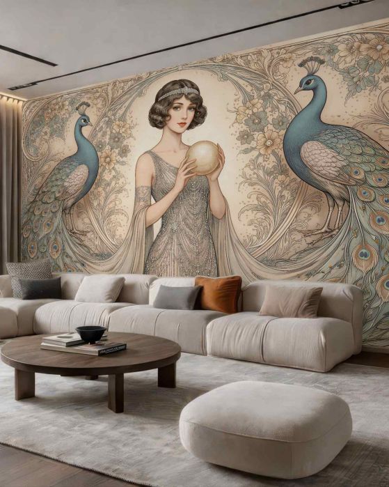 Fototapeten Pfauen und Dame im Art-déco-Stil