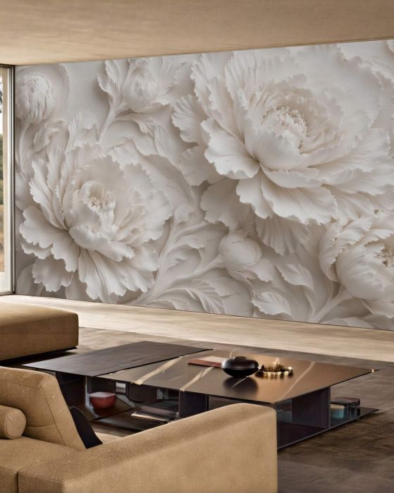 Fototapeten Cremefarbene Pfingstrosen im 3D-Relief