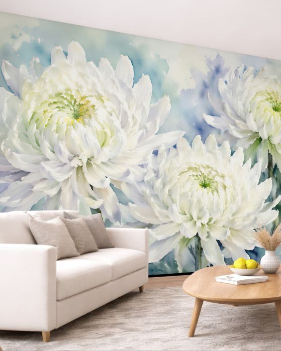 Fototapeten Weiße Chrysanthemen in Aquarellruhe
