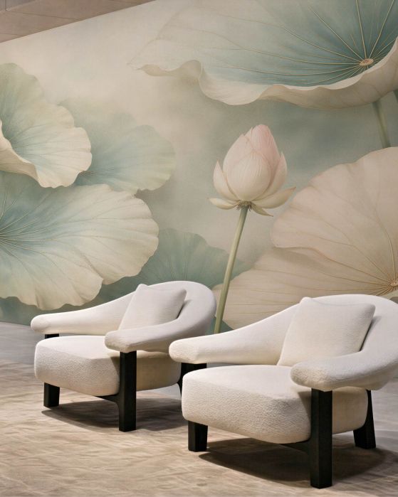 Fototapeten Pastellfarbener Lotus und Blätter
