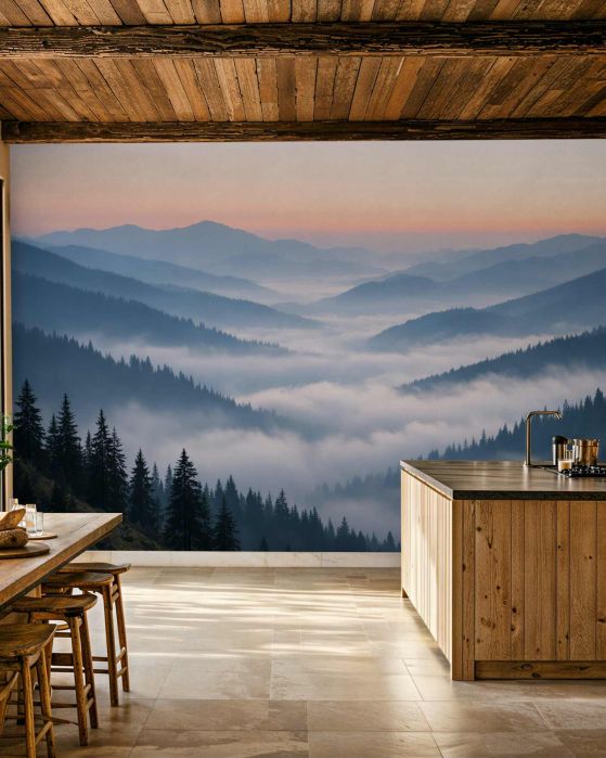 Fototapeten Berge im Nebel im Morgengrauen