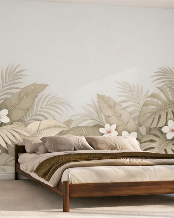 Fototapeten Beige tropische Komposition mit Blumen