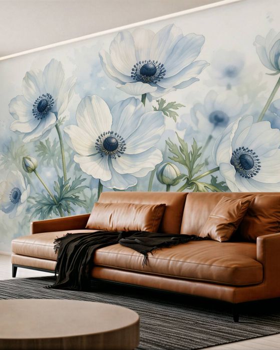 Fototapeten Weiße Blumen in blauer Aquarellmalerei