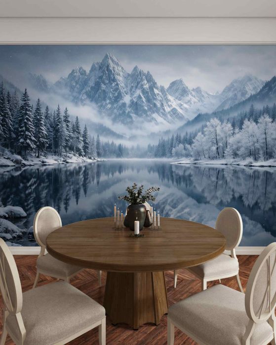 Fototapeten Winterlicher See unter majestätischen Bergen