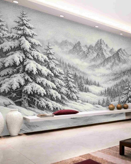 Fototapeten Skizze von Winterbergen und Fichten