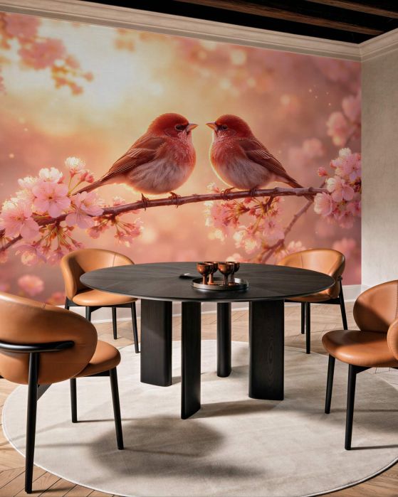 Fototapeten Verliebte Vögel in Kirschblüten