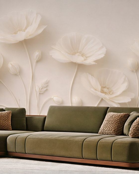 Fototapeten Cremefarbene Blumen in subtiler Reliefoptik