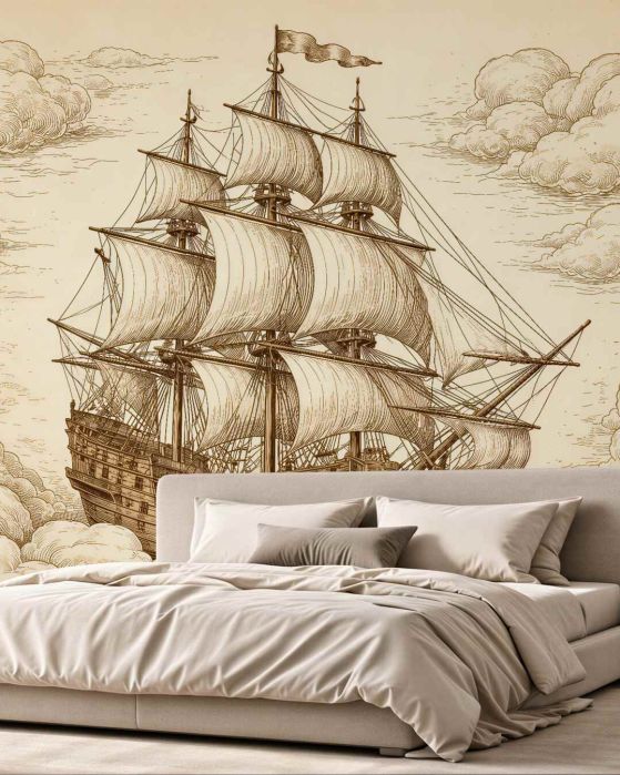 Fototapeten Segelschiff in Retro-Wolken