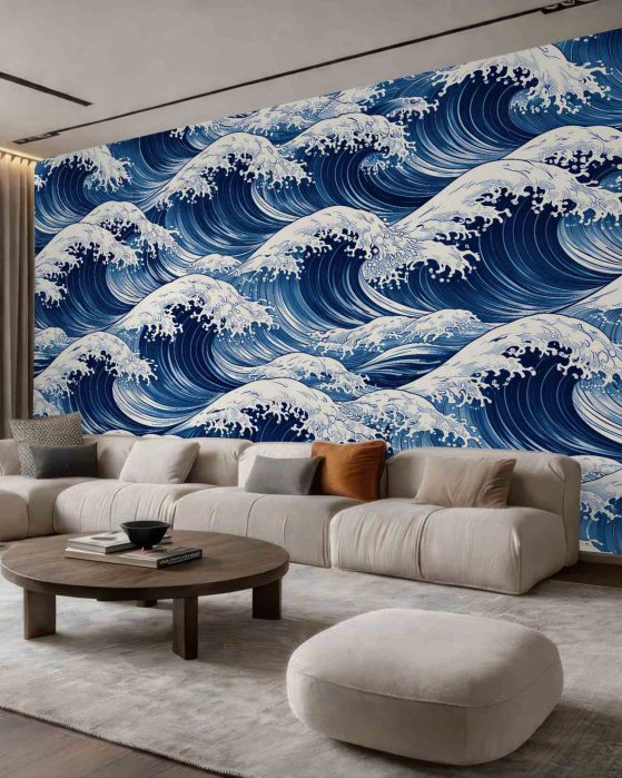 Fototapeten Dunkelblaue Wellen im japanischen Stil