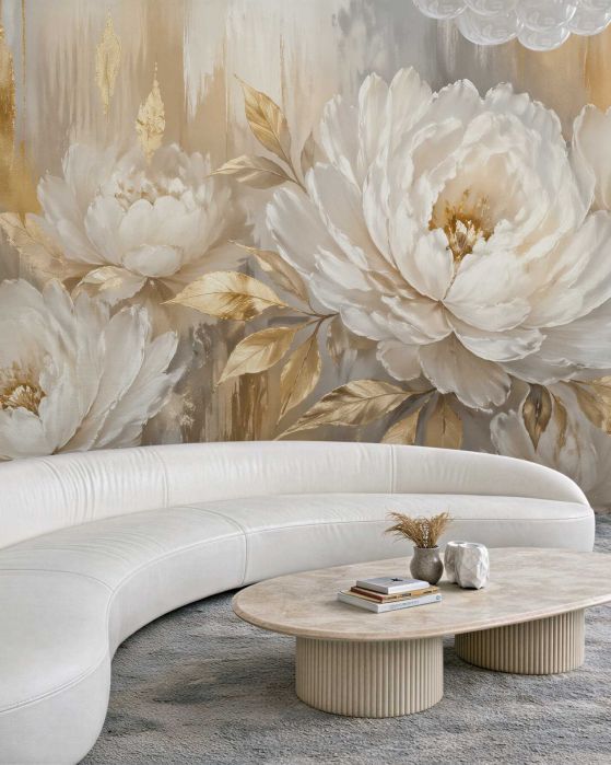 Fototapeten Goldene Pfingstrosen in elegantem Glanz