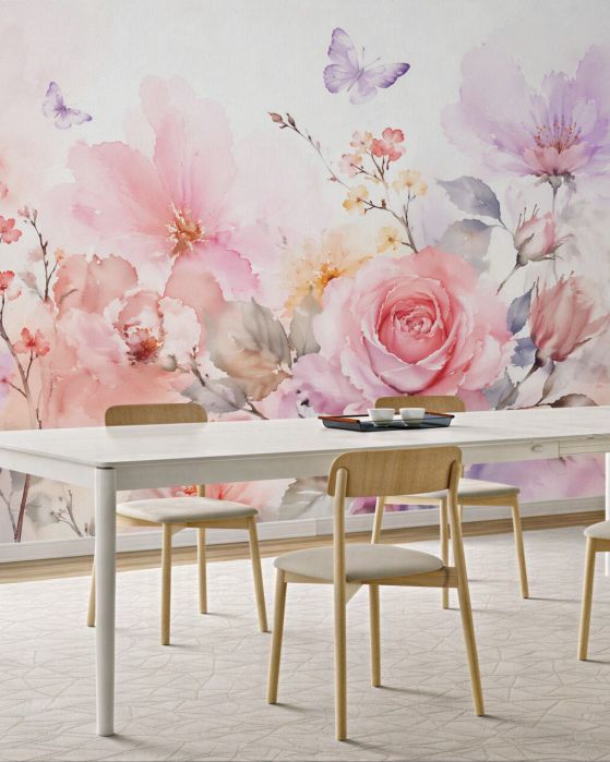 Fototapeten Aquarellgarten aus Rosen und Schmetterlingen