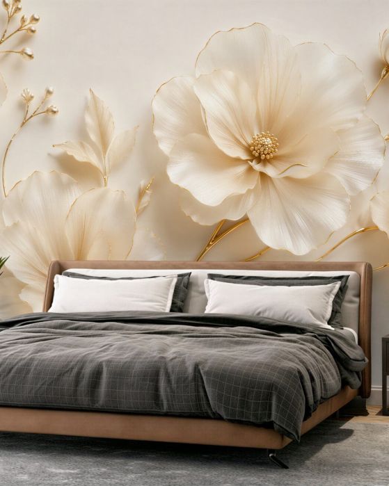 Fototapeten Cremefarbene Blumen mit goldener Linie