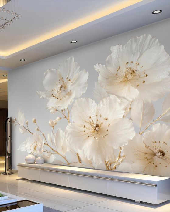 Fototapeten Weiße Blumen mit goldener Linie