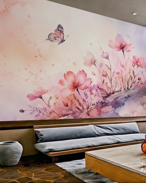 Fototapeten Aquarellblumen mit Schmetterling