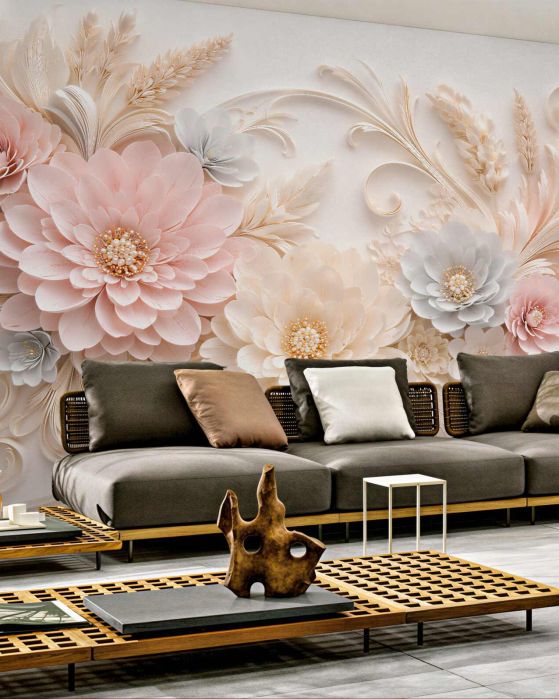 Fototapeten Puderfarbene Blumen im goldenen Relief
