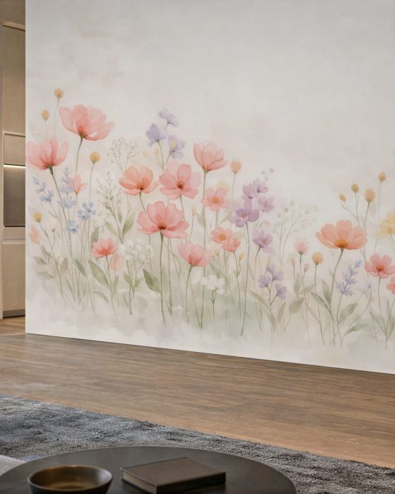 Fototapeten Pastellige Wiese aus Aquarellblumen
