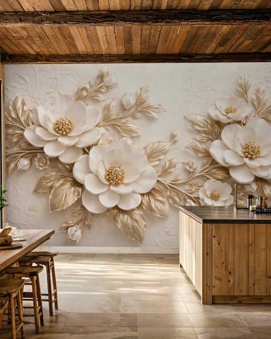 Fototapeten Goldene Blumen in elegantem Relief