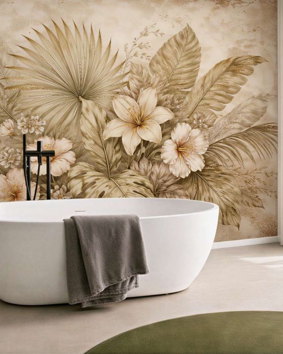 Fototapeten Goldene tropische Blätter und Blumen