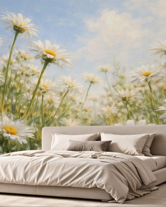Fototapeten Sonnige Gänseblümchen unter blauem Himmel