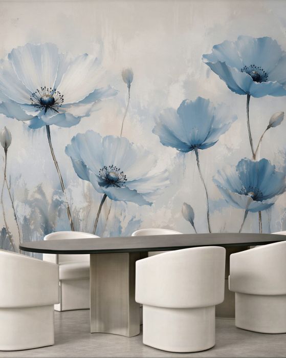 Fototapeten Hellblaue Mohnblumen in subtiler Aura