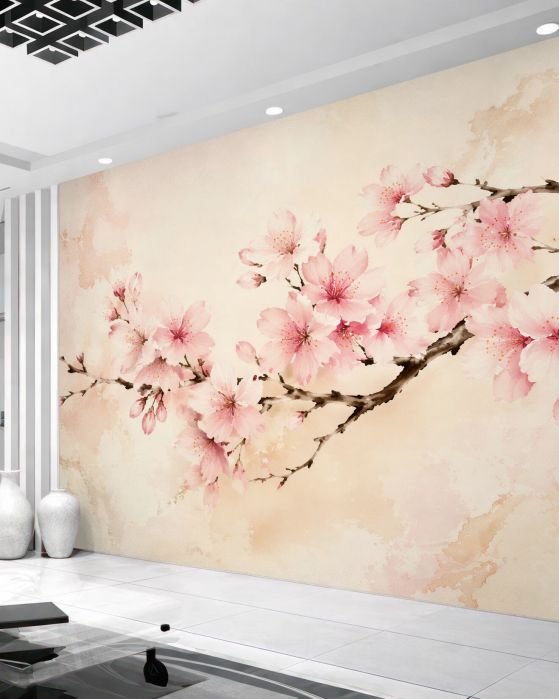 Fototapeten Aquarellblüten der Kirschblüte
