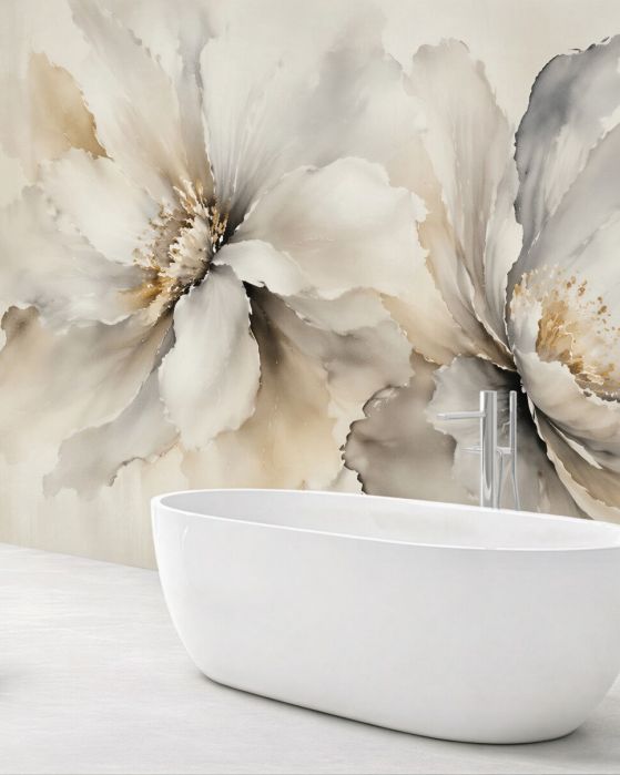 Fototapeten Cremefarbene Blumen in Aquarell-Eleganz