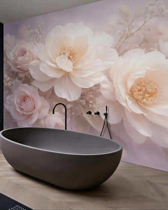 Fototapeten Puderfarbene Pfingstrosen und Rosen