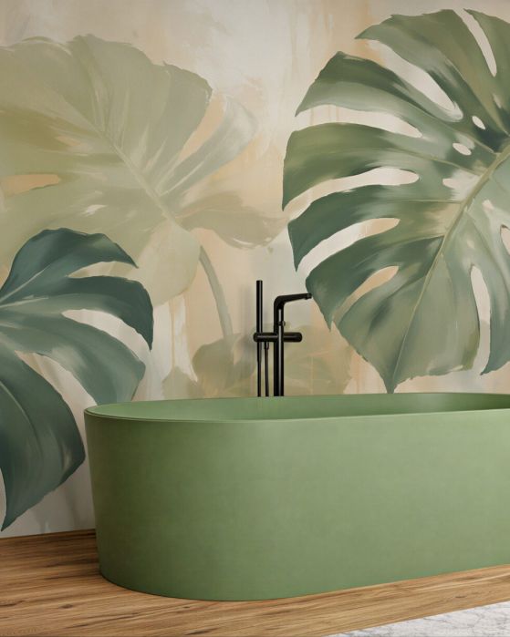Fototapeten Pastellfarbene Monstera-Blätter