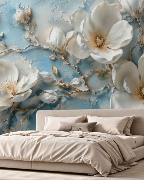 Fototapeten 3D-Magnolien auf hellblauem Hintergrund