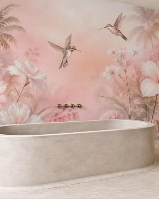 Fototapeten Rosa Kolibris in tropischen Blumen