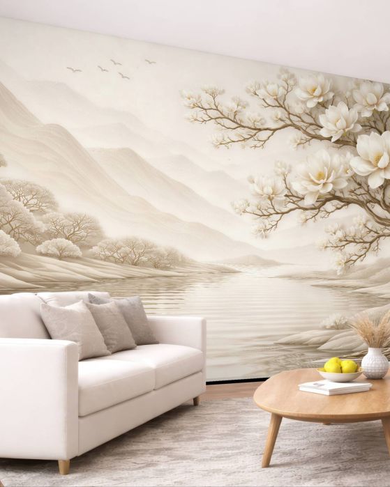 Fototapeten Cremefarbene Magnolie über ruhigem Wasser
