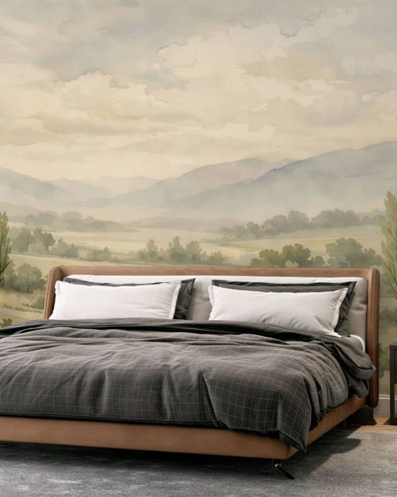 Fototapeten Aquarelllandschaft im pastelligen Nebel