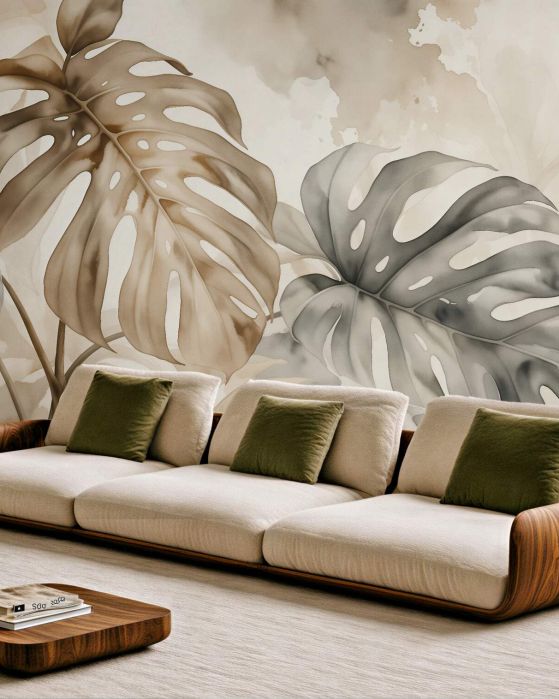 Fototapeten Beige Monstera-Blätter Aquarell