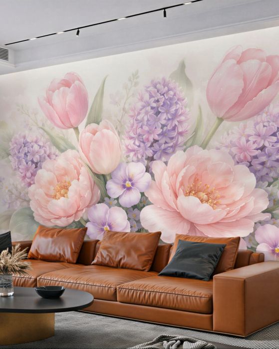 Fototapeten Pastellfarbener Strauß aus Tulpen und Pfingstrosen